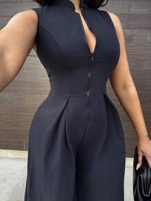 Alexandranx Extreme Wide Leg Zip Front Sleeveless Jumpsuit - Black - View 4