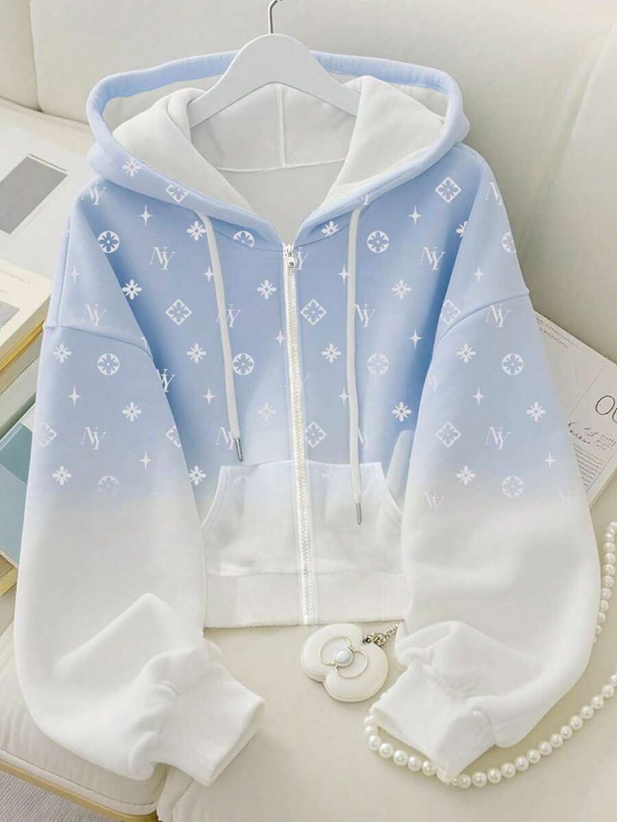 Resyla Ombre Blue Digital Print Casual Pullover Sweatshirt With Drawstring, A Gift For Friends - White - View 1