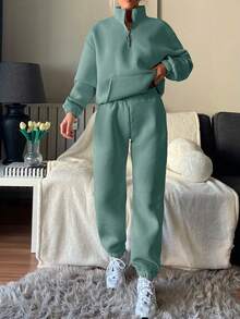 EURMUSE Cotton Half Zip Drop Shoulder Sweatshirt & Sweatpants