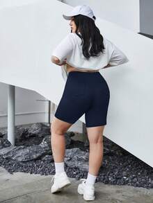 SHEIN EZwear Quần legging ngắn dáng suông màu xanh hải quân dành cho nữ, cỡ lớn, có gân. - Màu xanh hải quân - Xem 3