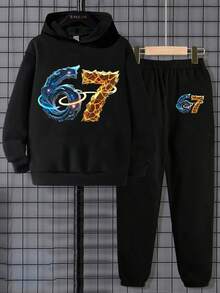 SHEIN Cozy Fall & Winter Styles 2pcs/Set Tween Boys Casual Fashion Creative Personalized Refreshing High-End Minimalist Numeric 67 Nebula Crack Pattern Print Hoodie And Sweatpants Comfortable Daily Outfit - Black - View 4