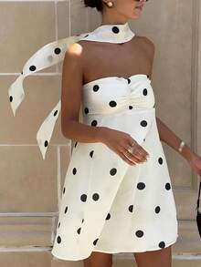 Cévolie 法式复古波点无肩带系腰短裙 - 黑與白 - 查看 1