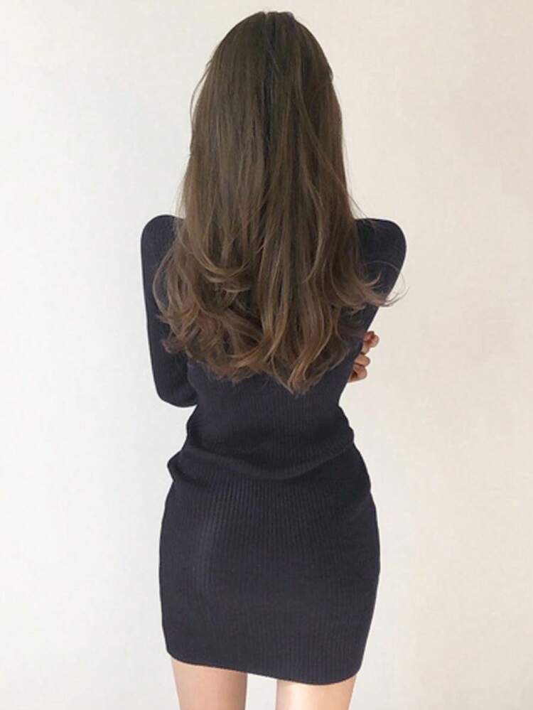 Women's Solid Color Round Neck Long Sleeve Fitted Casual Knit Dress Spring