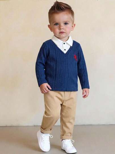 Cute Color-Blocked Collared Long-Sleeved Sweatshirt And Elastic Waist Pants Set For Baby Boys (2 Pieces), Autumn And Winter, Textured Sweatshirt Polo Shirt And Trousers 2-Piece Set, Faux Two-Piece Top And Bottom, Casual Home And Outing Set.
