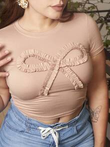 Lupita Cardoza Women's Summer Casual Frill Bow Decorative T-Shirt,Crop Tops Women,Graphic Tees - Khaki - View 6