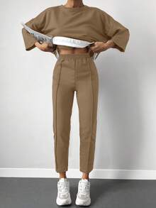 EURMUSE 90% Cotton Drop Shoulder 2 In 1 Tee & Seam Detail Pants - Camel - View 3