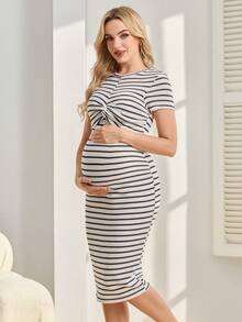 SHEIN 女士舒适休闲短袖哺乳连衣裙 - 黑與白 - 查看 5