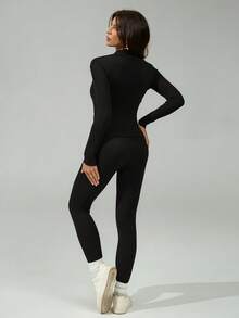 SHEIN Tall 2pcs Women New Knit Thermal Lined Fitted Mockneck Zip-Up Jacket And Base Layer Pants Set - Black - View 2