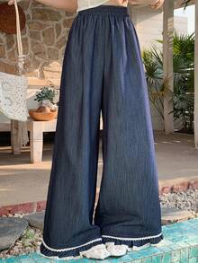 DAZY Pantalones anchos y sueltos de efecto denim con dobladillo con volantes para mujer - Azul - Ver 2