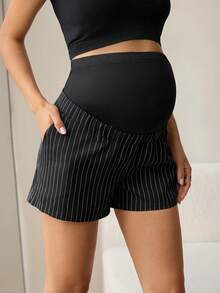 MaterniWear Maternity Clothes Maternity Tops  Summer Commute Office Attire Black And White Striped Adjustable Waistband Pocket Maternity Shorts