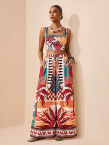 Zivah 2026 Spring/Summer New Music Festival, Easter, St. Patrick's Day, Valentine's Day, Date, Western, Nomadic, Casual, Vacation, Cruise Travel, Beach, Boho, Tropical Print Camisole Top And Wide Leg Pants 2 Pieces Set - Multicolor - View 7