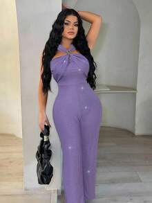 SHEIN SXY 女士褶皱金属装饰设计休闲日常派对露背连体裤 - 紫色 - 查看 5
