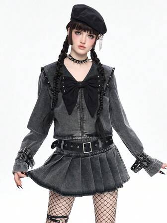 Goth Chaqueta y abrigo de mezclilla con cuello gótico y decoración de lazo en color azul marino para mujer