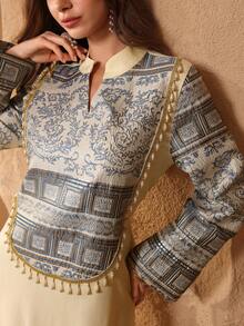 Al Najma Turkish/Arabic Style New Women's Embossed Jacquard Splice Beaded Resort  Turkish Long Dress Kaftan Jalabiya Dress - Apricot - View 1