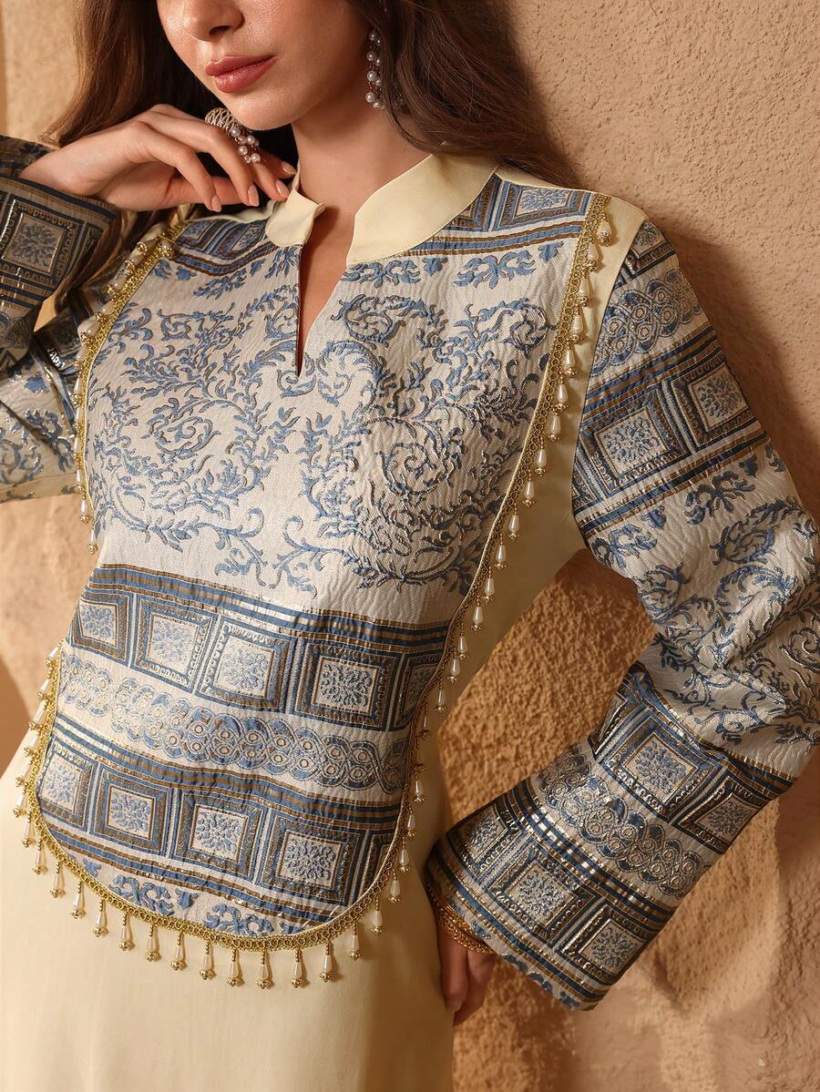 Al Najma Turkish/Arabic Style New Women's Embossed Jacquard Splice Beaded Resort Turkish Long Dress Kaftan Jalabiya Dress - Apricot - View 1