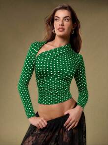 COSMINA Áo thun nữ dài tay ôm dáng, in họa tiết chấm bi, cổ lệch, thời trang. - màu xanh lá - Xem 6