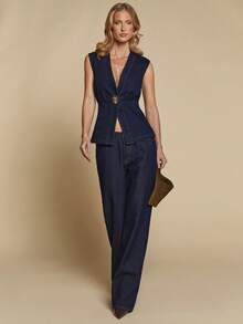 COSMINA Denim Women's Solid Color Minimalist Sleeveless Deep V Denim Blouse, Casual Everyday Wear - Medium Wash - View 4