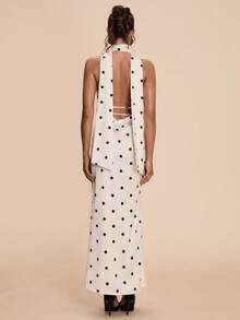 SHEIN BAE Đầm maxi dài thướt tha màu mơ chấm bi đen, cổ yếm, cổ chữ V sâu, đuôi cá xếp tầng, thanh lịch, thích hợp cho hẹn hò, dự đám cưới, ngày Valentine, họp mặt chị em, tiệc tùng sang trọng, đầm chấm bi. - Màu be - Xem 4