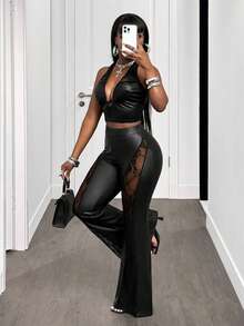 SHEIN BamGlam Damen neue sexy PU-Leder Patchwork Spitze transparente Hose mit hoher Taille, weite Beine, lange Hose, modisch und sexy - Schwarz - Übersicht 6