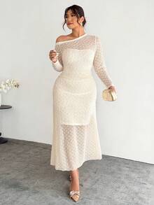 Firerie Plus Size Comfortable Casual Elegant Vacation One Shoulder Cold Shoulder Ruched Textured Stretchy Slimming Long Sleeve Dress For Women, Suitable For Spring, Summer, Autumn, Winter White One Shoulder Dress Dotted Swiss Dress Elegant One Sleeve Dress See Through Maxi Dress Spring Dress For Women Wedding Dress For Women - Apricot - View 4