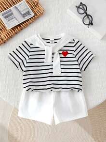 SHEIN 3件套男/女婴夏季可爱条纹短袖上衣、松紧腰短裤、披肩三件套，适合生日派对、晚宴、演出、婚礼、满月、洗礼、一周岁生日庆祝、迎婴派对等场合。 - 彩色 - 查看 5