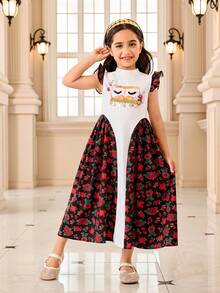 中东传统服饰 - 黑红花卉拼接露肩连衣裙，饰有3D眼妆装饰和流苏吊坠，节日庆典/优雅儿童家庭聚会服装 - 彩色 - 查看 3