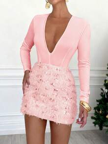 Rafferiza Đầm gợi cảm dành cho nữ, cổ chữ V sâu, đính lông vũ và sequin, thắt eo. - Hồng - Xem 3