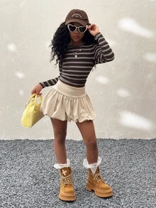 Coolane Kids Tween Girls Winter Basic Knit Stretchy Comfortable Black Bubble Skirts,Christmas ,Summer,New Year ,Elegant, Navy White Skirt Girls, Y2k Skirt, Tennis Skirt, Ruffle Skirt - Apricot - View 6