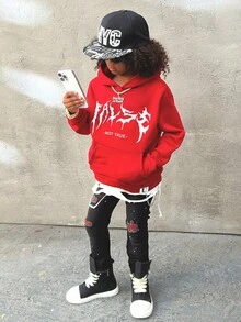 青少年男童黑色破洞泼墨弹力牛仔裤 秋季假日 - 黑色 - 查看 3