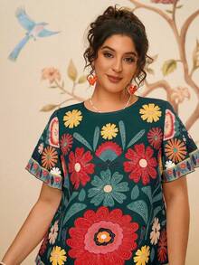 Travachic Áo kiểu nữ cỡ lớn in họa tiết nhiệt đới, dáng rộng, tay ngắn, thoải mái. - Màu xanh lá cây đậm - Xem 6