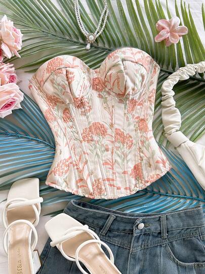 Soleia Sexy Off-The-Shoulder Jacquard Double-Layer Fitted Corset Bustier Top, Romantic Floral Hollow-Out Embroidered Bodysuit, Fashionable Nightclub Outfits For Women,Carnival