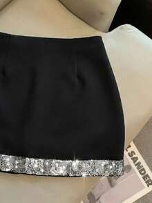 Franclia 时尚高端亮片拼接紧身迷你裙，高腰显瘦女裙，春夏款 - 黑色 - 查看 5