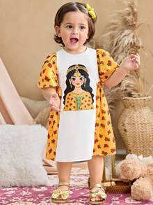 SHEIN Vestido de manga corta con estampado floral y de dibujos animados para bebé niña - Multicolor - Ver 3