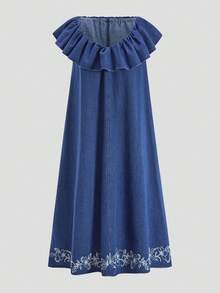 Travachic 女士复古荷叶边下摆休闲牛仔连衣裙，百搭夏季时尚 - 中等水洗藍 - 查看 3