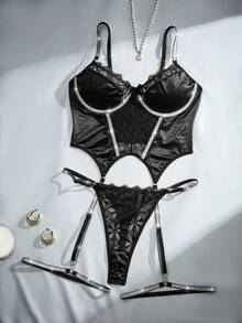 MidnightGlam 3件套黑色蕾丝镂空花卉拼接女士内衣套装，包括性感吊带文胸、丁字裤和腿链，优雅迷人 - 黑色 - 查看 3