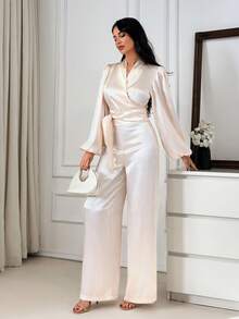 EURMUSE Damen Set aus einfarbigem Shirt mit gekreuztem V-Ausschnitt, geknoteter Taille und Laternenärmeln sowie weiten Hosen, elegant - Weiss - Übersicht 5