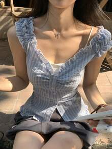 DAZY Women's Ruffled Striped Sleeveless Top, Fresh And Youthful For Summer Vacation - Blue - View 6