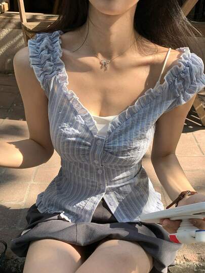 DAZY 女士荷叶边条纹无袖上衣，清新青春，适合夏季度假