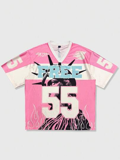 ROMWE MEN Street Life Camiseta de manga corta de cuello en V con estampado de números, letras y contraste de color de la estatua de la libertad, estilo casual y urbano para hombre, verano