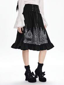 ROMWE Grunge Punk Chân váy nữ kiểu Gothic tối màu Y2K cạp cao in hình lâu đài thắt eo. - màu đen - Xem 7