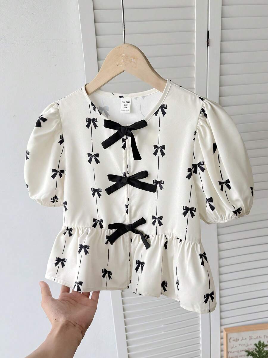 SHEIN Tween Girl Elegant Puff Sleeve Bow Decor Blouse - Multicolor - View 1