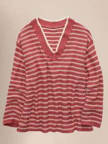 Easelle 复古休闲V领红白条纹撞色宽松针织女式毛衣 - 彩色 - 查看 9