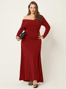 SHEIN Essnce Plus Size Elegant Solid Color Asymmetric Collar Dress, Suitable For Party - Red - View 3