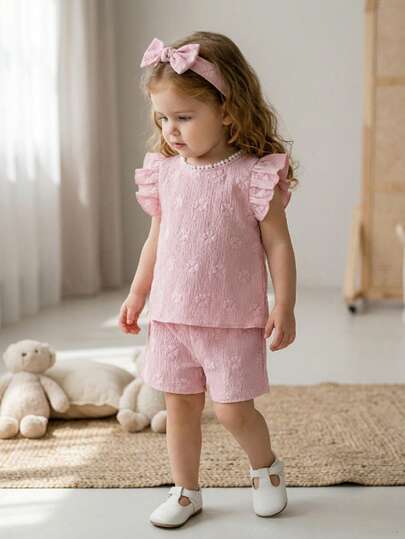 SHEIN 2 piezas Conjunto de top de manga corta con volantes y shorts casuales y lindos para niñas, adecuado para primavera/verano, salidas, fiestas, uso diario