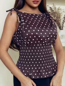 Criza Taa Áo không tay chấm bi thắt nơ eo thanh lịch dành cho nữ, trang phục thường ngày tôn dáng - Cà phê nâu - Xem 4