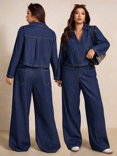 Elaquor 大码女式休闲牛仔长袖上衣和阔腿裤两件套，秋季