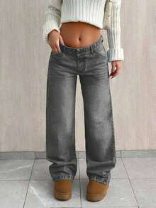 EURMUSE PETITE CASUAL LOW WAIST BAGGY LOOSE STRAIGHT LEG JEAN - Dark Grey - View 4