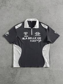PAVTROS Men's Letter Print Contrast Color Short Sleeve Casual Polo Shirt, Men's Quarter Zip Polo, Men's Racing Polo - Dark Grey - View 3