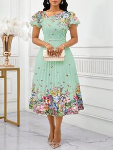 SHEIN Lady 春夏休闲圆领喇叭袖荷叶边中长短袖连衣裙度假装女装沙滩装女装度假装女装沙滩度假装沙滩婚礼宾客连衣裙吊带裙褶皱白色粉色花卉女装春季邮轮服装女装长裙生日及活动连衣裙/办公室连衣裙/教堂连衣裙/婚纱/节日连衣裙/波西米亚风女装； - 綠色 - 查看 3