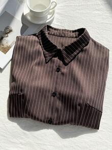 SHEIN EZwear 大码女式条纹翻领单排扣休闲百搭通勤长袖衬衫 - 棕色 - 查看 6